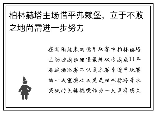 柏林赫塔主场惜平弗赖堡，立于不败之地尚需进一步努力