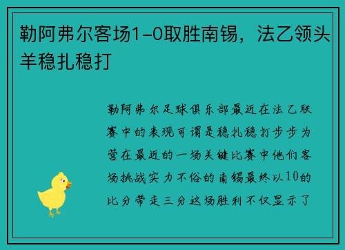 勒阿弗尔客场1-0取胜南锡，法乙领头羊稳扎稳打