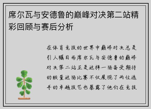 席尔瓦与安德鲁的巅峰对决第二站精彩回顾与赛后分析