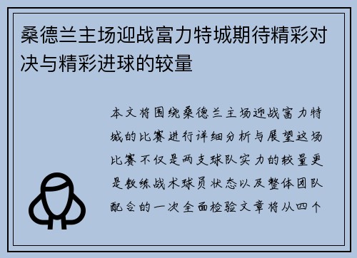 桑德兰主场迎战富力特城期待精彩对决与精彩进球的较量
