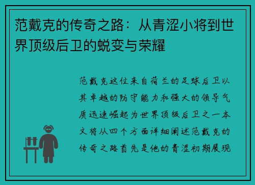 范戴克的传奇之路：从青涩小将到世界顶级后卫的蜕变与荣耀