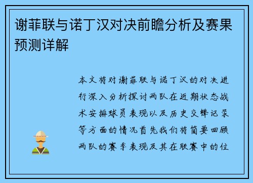 谢菲联与诺丁汉对决前瞻分析及赛果预测详解