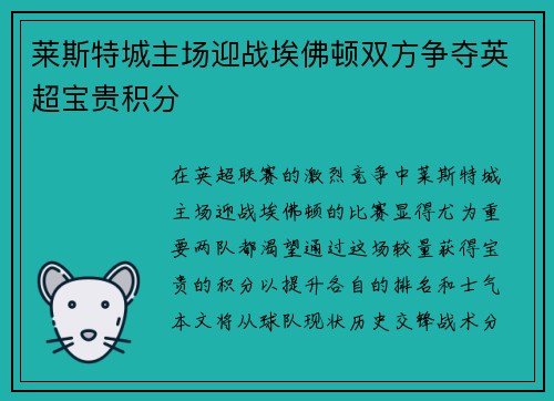 莱斯特城主场迎战埃佛顿双方争夺英超宝贵积分