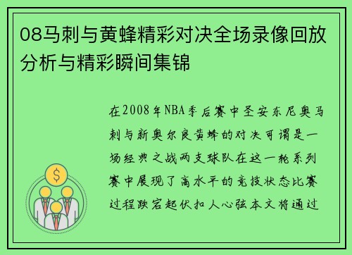08马刺与黄蜂精彩对决全场录像回放分析与精彩瞬间集锦