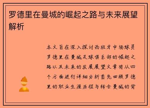 罗德里在曼城的崛起之路与未来展望解析