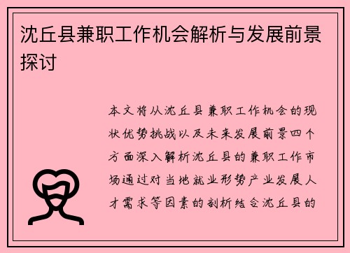 沈丘县兼职工作机会解析与发展前景探讨