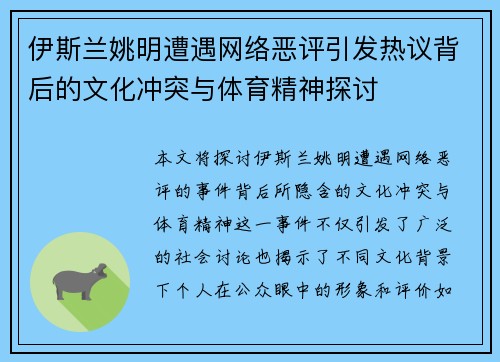 伊斯兰姚明遭遇网络恶评引发热议背后的文化冲突与体育精神探讨