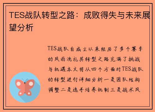 TES战队转型之路：成败得失与未来展望分析