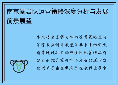南京攀岩队运营策略深度分析与发展前景展望