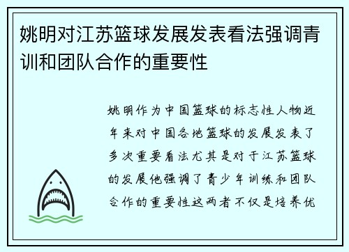 姚明对江苏篮球发展发表看法强调青训和团队合作的重要性