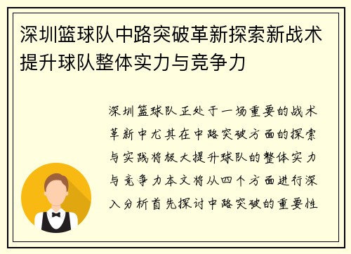 深圳篮球队中路突破革新探索新战术提升球队整体实力与竞争力