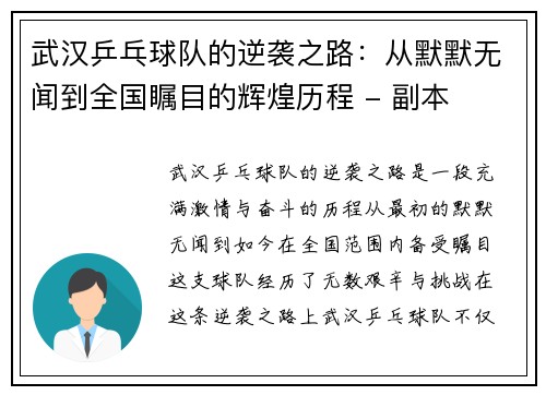 武汉乒乓球队的逆袭之路：从默默无闻到全国瞩目的辉煌历程 - 副本