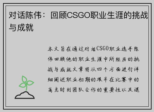 对话陈伟：回顾CSGO职业生涯的挑战与成就