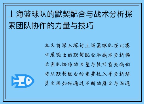 上海篮球队的默契配合与战术分析探索团队协作的力量与技巧