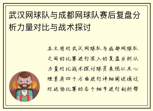 武汉网球队与成都网球队赛后复盘分析力量对比与战术探讨
